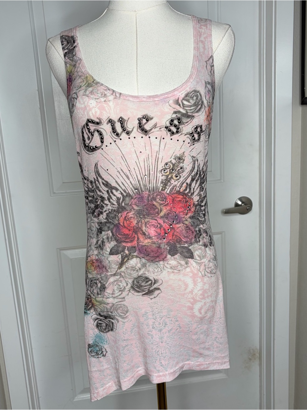 Vintage Y2K Guess Rose Graphic Rhinestone Tank Top